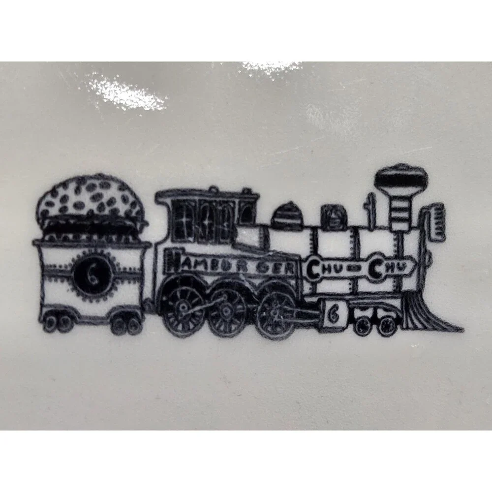 Homer Laughlin Fishs Eddy Hamburger Chu Chu Train Pattern Plate & Bowl Rare Set